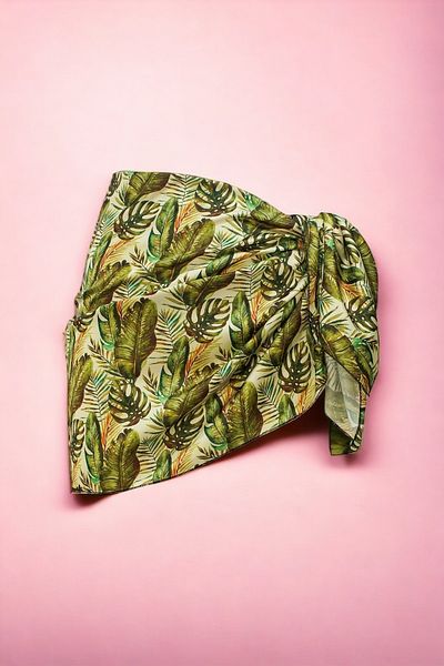 pistore Green Monstera Patterned Short Pareo Satin No Sheer Women's Beach Dress New Season