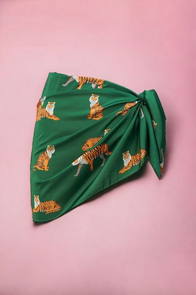 pistore Green Tiger Patterned Short Pareo Satin No Sheer Women's Beach Dress New Season