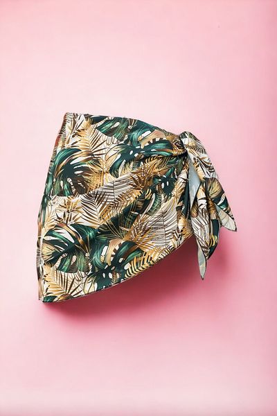 pistore Large Yellow Green Monstera Patterned Short Pareo Satin No Sheer Women's Beach Dress New Season