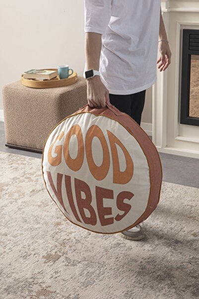 dekomall home & living Good Vibes Çok Amaçlı Iç Dolgulu Puf, Yer Minderi, Bahçe Minderi, Balkon Minderi,yuvarlak Minder
