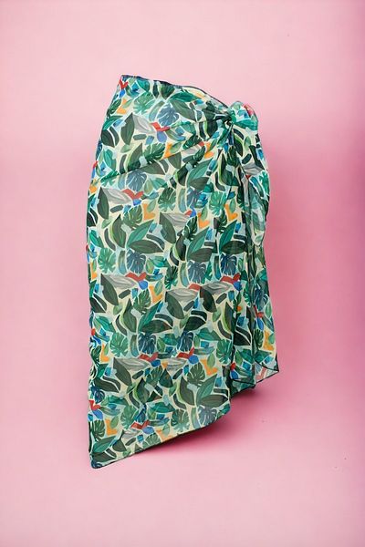 pistore Tropical Patterned Abstract Green Long Pareo Chiffon No-Show Women's Beach Dress New Season
