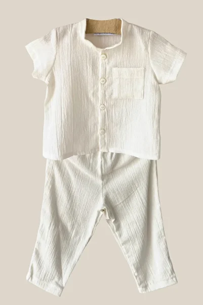 Slithice Baby Collection Bohemian Collar Short Sleeve Baby Set Şile Diaper Ecru Color