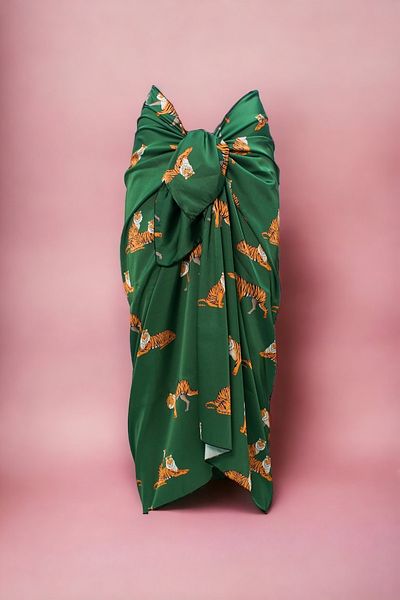 pistore Green Tiger Patterned Long Pareo Satin No-Show Women's Beach Dress New Season