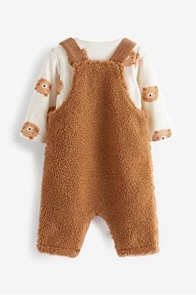 Next Baby Cotton Tan Brown Supersoft Borg Salopet Bodysuit Set