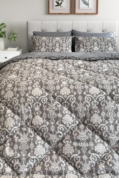 Alla Turca Lux Uyku Seti-tek Kişilik-lastikli Çarşaflı 2yastık Kılıflı-özel Çantada Modern Damask Gri