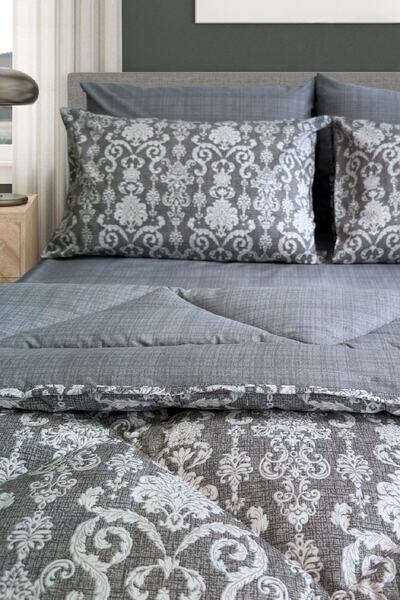 Alla Turca Lux Uyku Seti-tek Kişilik-lastikli Çarşaflı 2yastık Kılıflı-özel Çantada Modern Damask Gri