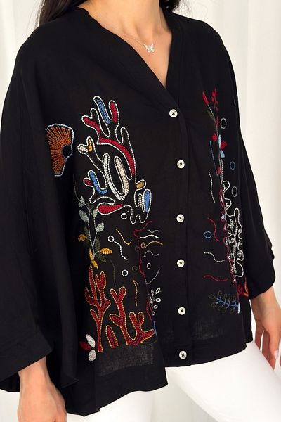 FEMELLE Cămașă kimono de damă, neagră, cu broderie completă, detaliată, ocazională, supradimensionată, mărime standard