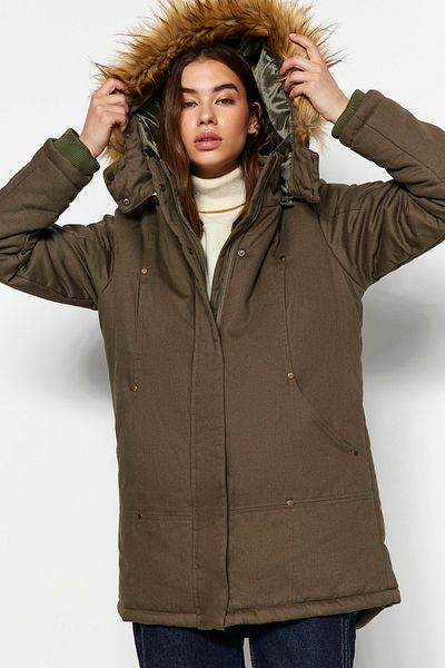 Trendyol Collection Khaki Fur Hooded Water Repellent Parka Coat TWOAW24KB00056