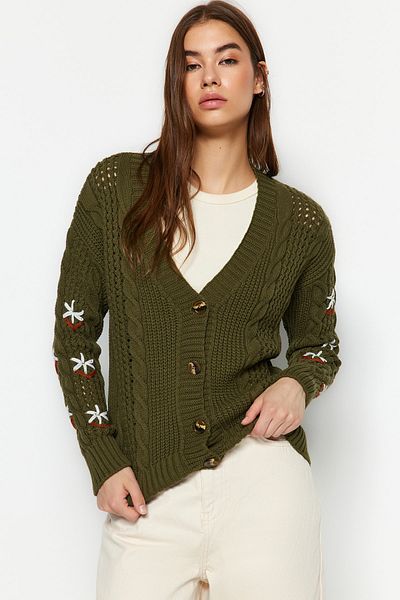 Trendyol Collection Grüner bestickter geflochtener Strick-Cardigan TWOAW22HI0236