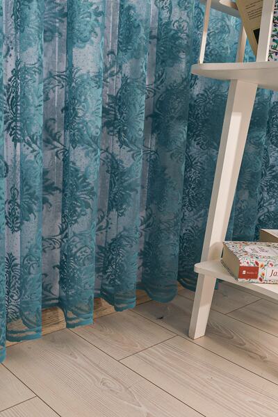 Ta-Ha Perde ve Halı Damaks Ottoman Pattern Petrol Blue-Turquoise Knitted Non-Creasing 1-2.5 Medium Pleated Tulle Curtain