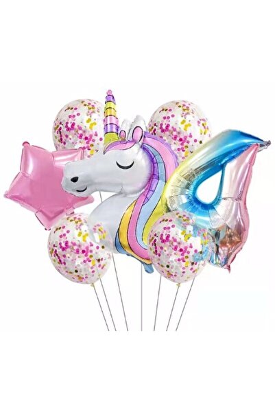 Parti Station Unicorn Gökkuşağı 4 Yaş Folyo Balon Set Konsept Doğum Günü Set ...