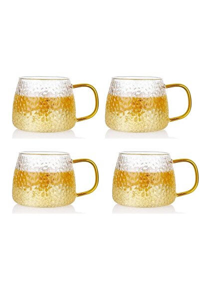 Kitchen Design Lab Ezme Dövülmüş Desen Kupa Sarı Kulplu 350 ml Cam Fincan 4 Adet