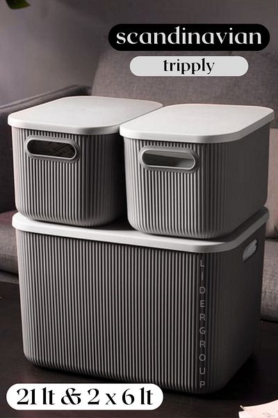 LİGROUND Scandinavian Tripply 3-Piece 6 Lt & 21 Lt Storage Box with Lid - Organizer - Decorative Box