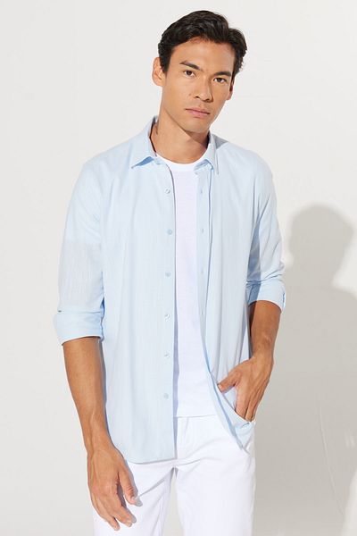 AC&Co / Altınyıldız Classics Men's Light Blue Slim Fit Slim Fit Oxford Button Collar Linen Look 100% Cotton Flared Shirt