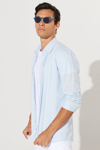 AC&Co / Altınyıldız Classics Men's Light Blue Slim Fit Slim Fit Oxford Button Collar Linen Look 100% Cotton Flared Shirt