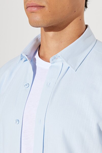 AC&Co / Altınyıldız Classics Men's Light Blue Slim Fit Slim Fit Oxford Button Collar Linen Look 100% Cotton Flared Shirt