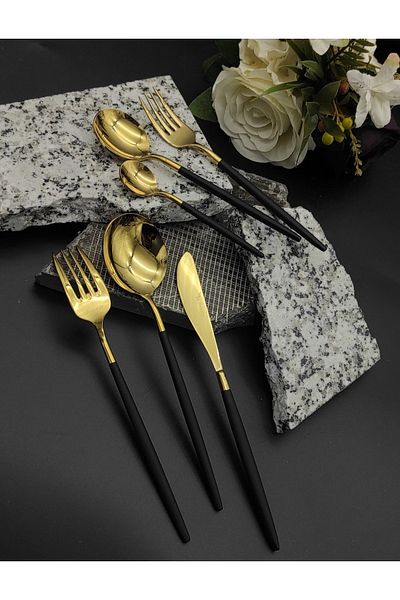BRONDOFF 36 Piece Black Gold Fork Spoon Knife Set
