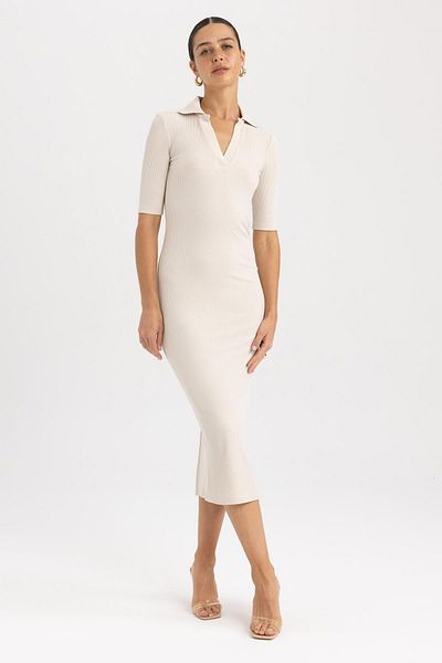 DeFacto Bodycon Polo λαιμόκοψη με ραβδώσεις καμιζόλα Midi κοντό μανίκι φόρεμα A2096ax23sp