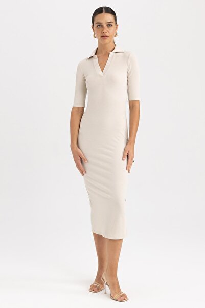 DeFacto Bodycon Polo λαιμόκοψη με ραβδώσεις καμιζόλα Midi κοντό μανίκι φόρεμα A2096ax23sp