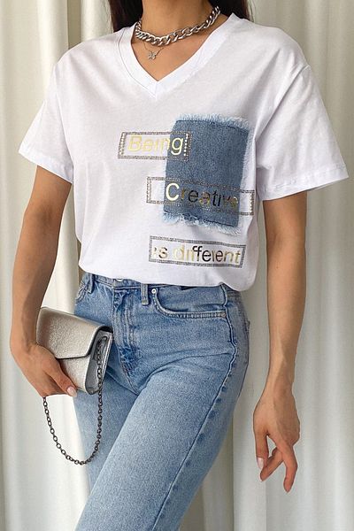 FEMELLE Dámské bílé bavlněné tričko New Season Pocket Denim s fóliovým potiskem