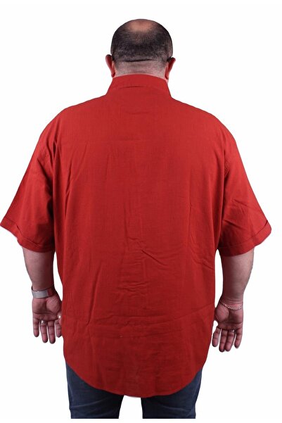 MocGrande Large Size Short Sleeve Men's Lycra Linen Pocket Shirt 11301 Brick