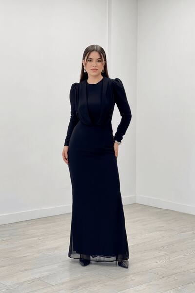 giyimmasalı Şifon Kumaş Pelerin Detaylı Abiye Elbise - SİYAH