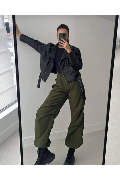 DEFLİNMODA Y2k Χακί φαρδύ τακτικό παντελόνι αλεξίπτωτου