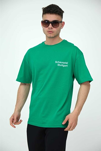 FREZZBİ تي شيرت رجالي كبير الحجم بياقة دائرية وأكمام قصيرة مطبوع عليه نص