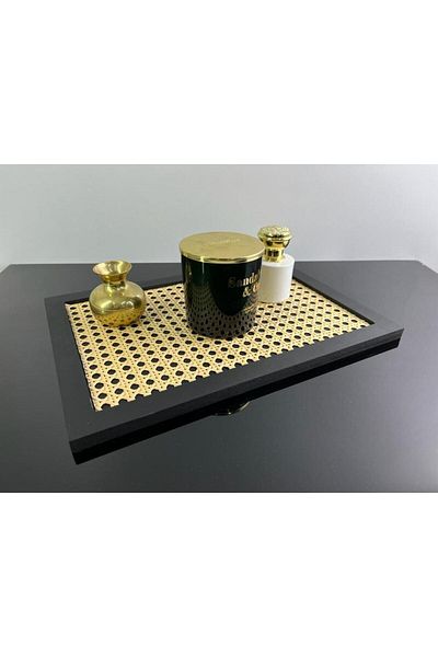 WOODMAR HOME Rattan Tray, Hazeran Presentation Tray, Decorative Box, Presentation Holder (HAZERAN) Black 20*30 Cm