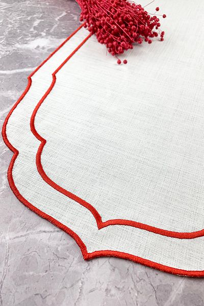 WEARE2 Red Color Double Wrap Embroidered 40x140 Cm Linen Effect Runner
