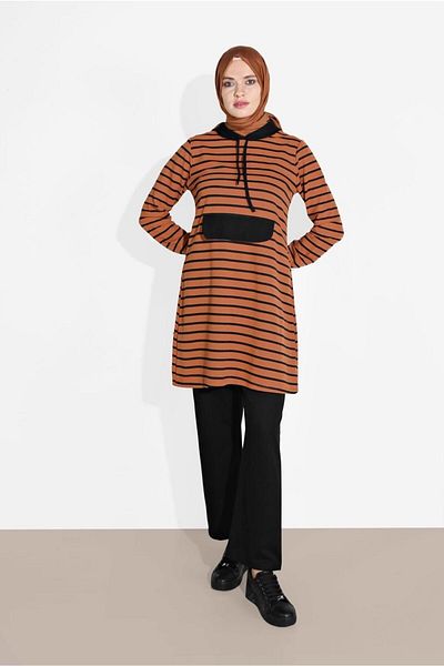 TRENDTESETTÜR Women's Orange (A.TILE) Striped Hooded Tracksuit 2426