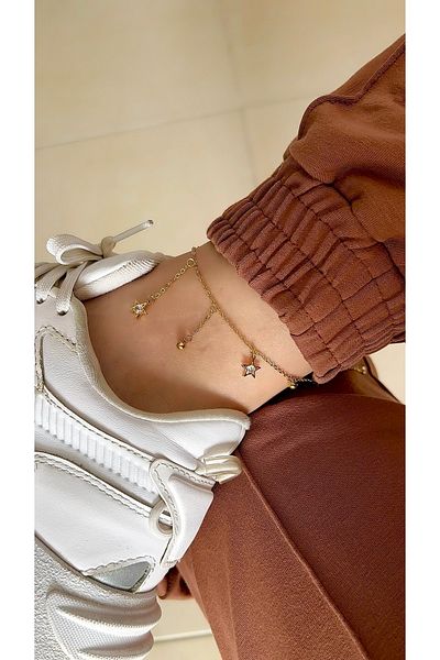 SU PERİSİ TAKI BİJUTERİ Steel Gold Zircon Stone Star Detailed Anklet
