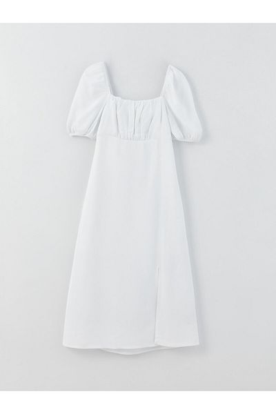 LC Waikiki Einfarbiges, kurzärmliges Damenkleid aus Leinenmischung mit quadratischem Ausschnitt
