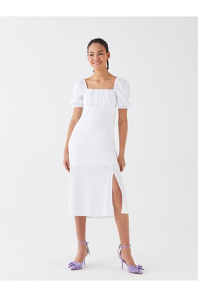 LC Waikiki Einfarbiges, kurzärmliges Damenkleid aus Leinenmischung mit quadratischem Ausschnitt