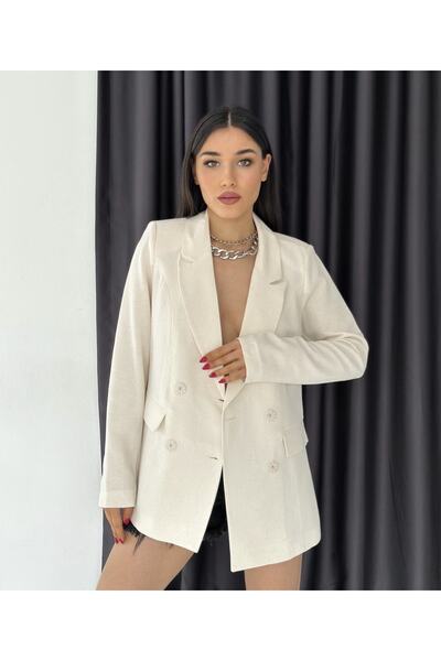 pembekurdelem Keten Kruvaze Blazer Ceket Kırık Beyaz