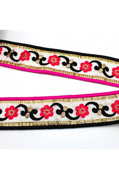 Turgut Brode Indian Handwork Stripe Flower Motif Pink-Black
