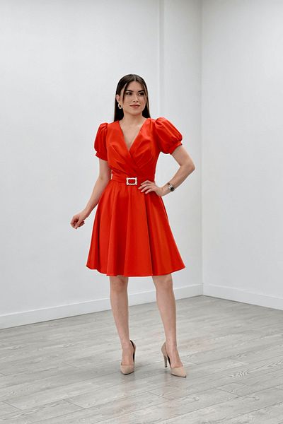 giyimmasalı Satin Fabric Midi Evening Dress with Belt Detail - ORANGE