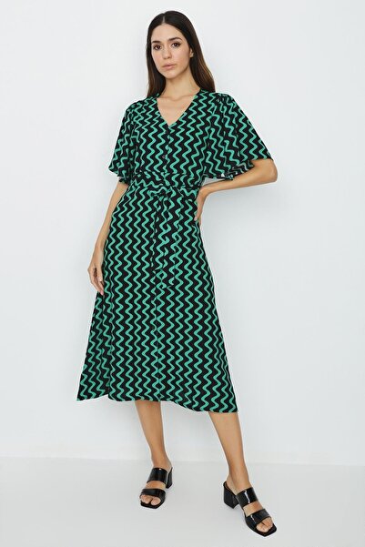 Select Moda Γυναικείο πράσινο φόρεμα με κουμπιά μπροστά με λαιμόκοψη V