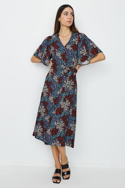 Select Moda Γυναικείο πολύχρωμο φόρεμα με κουμπιά μπροστά με λαιμόκοψη V