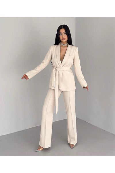 pembekurdelem Women's Belted Jacket Trousers Set Stone
