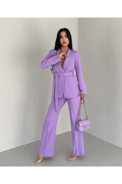 pembekurdelem Women's Belted Jacket Trousers Set Lilac