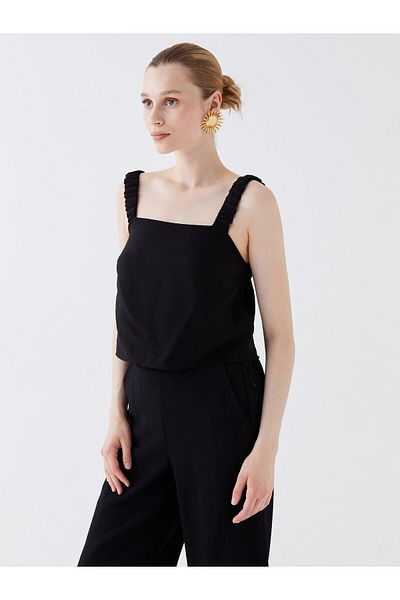 LC Waikiki Square Neck Straight Strap Crop Linen Look Women's Blouse