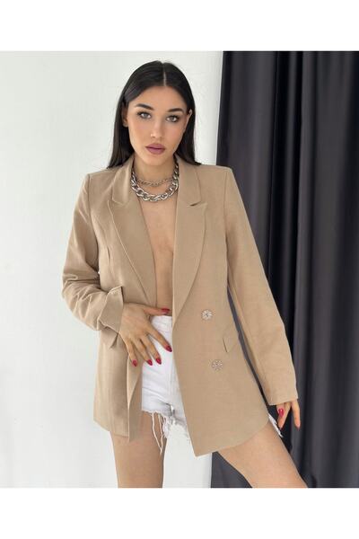 pembekurdelem Λινό Διπλό Μπλέιζερ Μπουφάν Camel