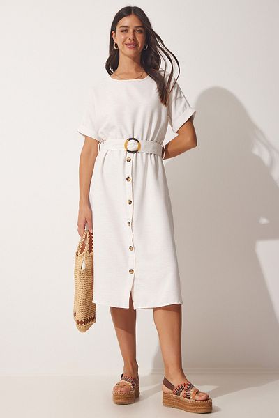 Happiness İstanbul Rochie de vară de in viscoză cu curea crem DD01234