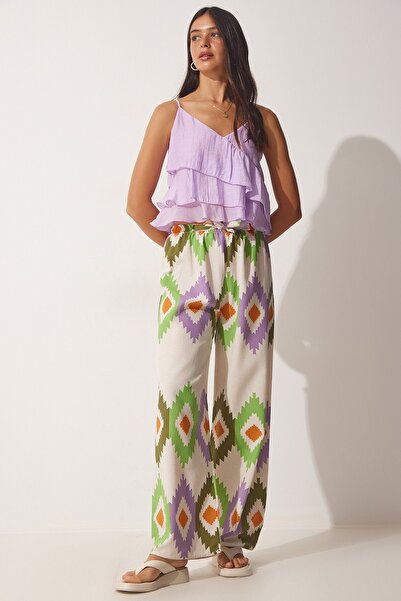 Happiness İstanbul Dámské zelené krémové květinové plátěné kalhoty Palazzo BH00385