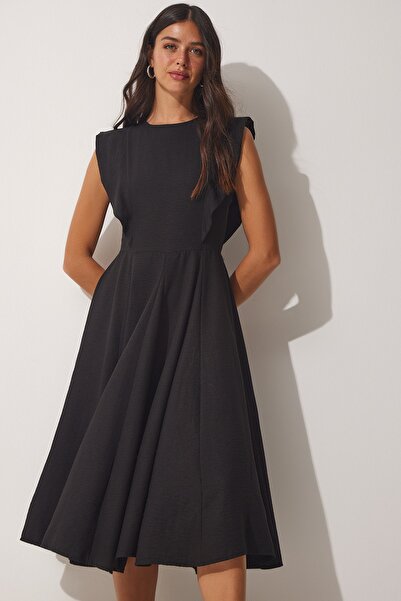 Happiness İstanbul Dámské černé letní lněné šaty TO00066