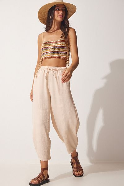 Happiness İstanbul Damskie jasnokremowe lniane spodnie Shalwar CI00036
