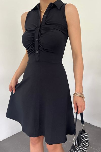 lovebox Women's Flexible Fabric Shirt Collar Ottoman Design Sleeveless Black Evening Dress 5060