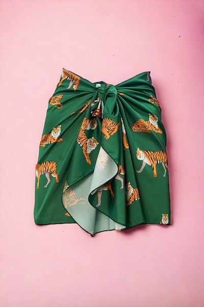 pistore Green Tiger Patterned Short Pareo Satin No Sheer Women's Beach Dress New Season