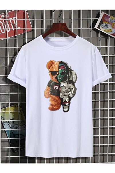 trendgar Beyaz - Roboayı Baskılı T_shirt 100/100 Pamuk